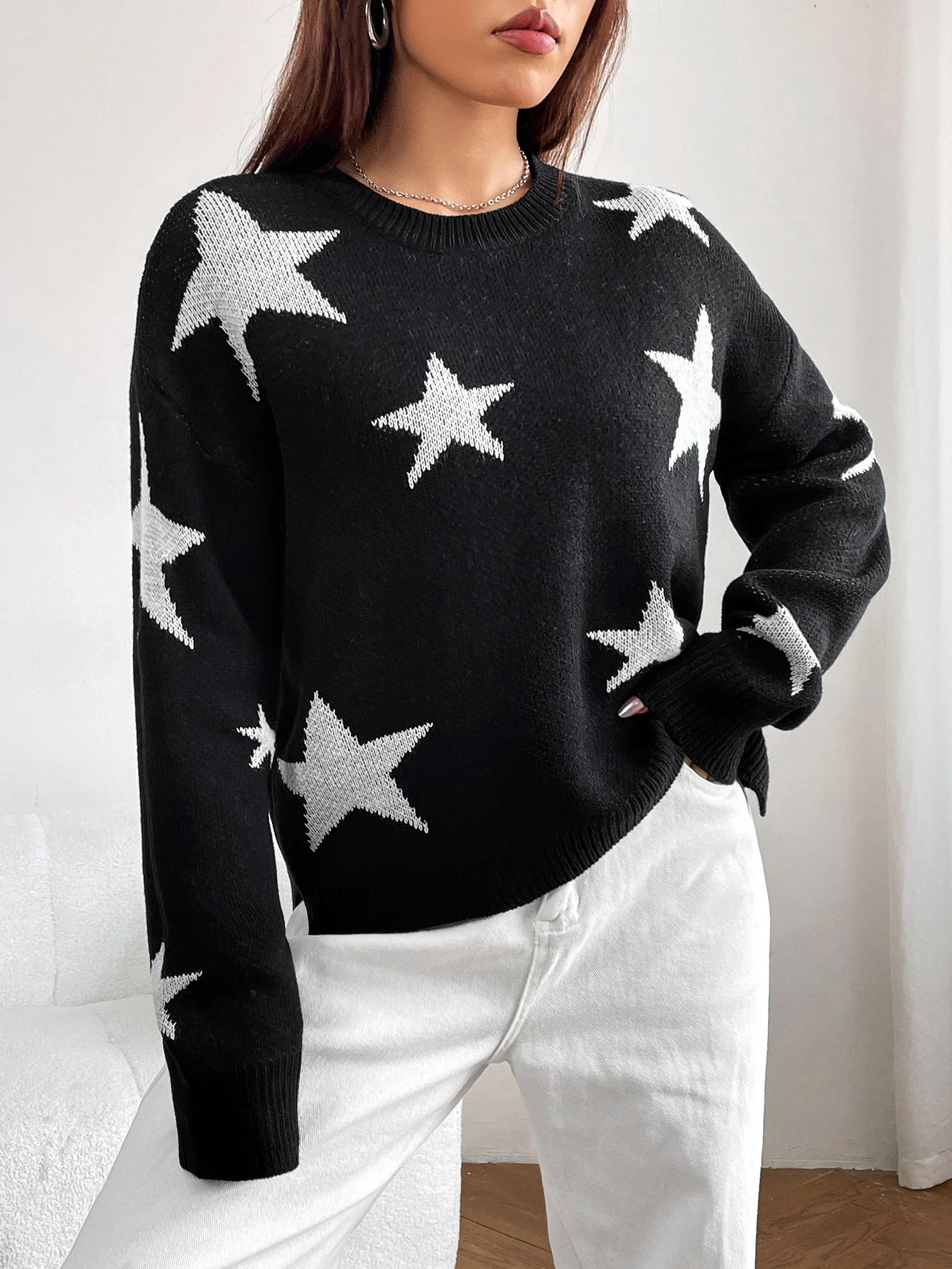 Spring women\'s blouse color contrast stars round neck pullover loose long-sleeved sweater