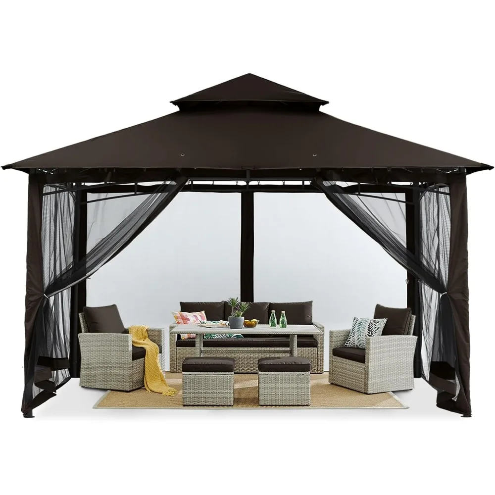 Outdoor Garden Gazebo com Stable Steel Frame e Netting Walls, Brown Pátio, 10x10