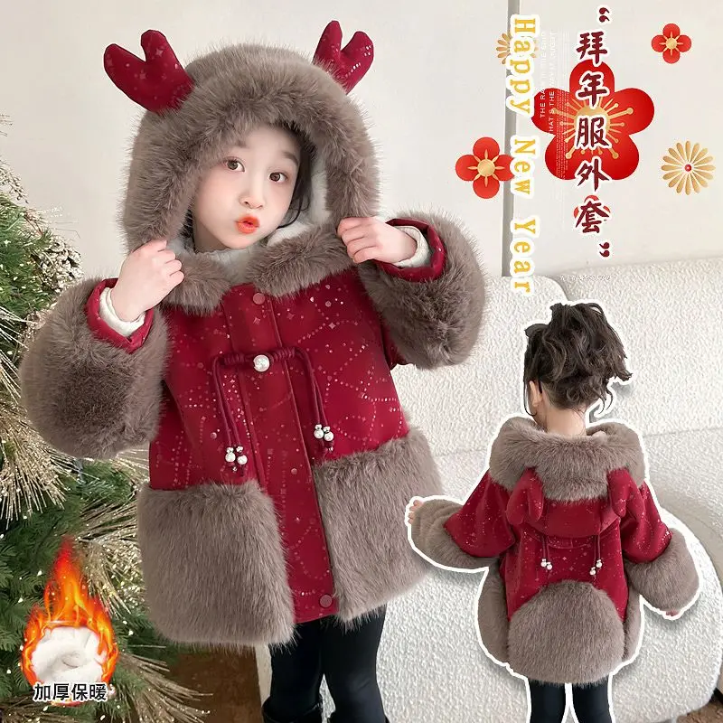 

Зимние теплые рождественские куртки, хлопковые милые куртки из искусственного меха для девочек, бархатные толстые детские зимние пальто с капюшоном для малышей