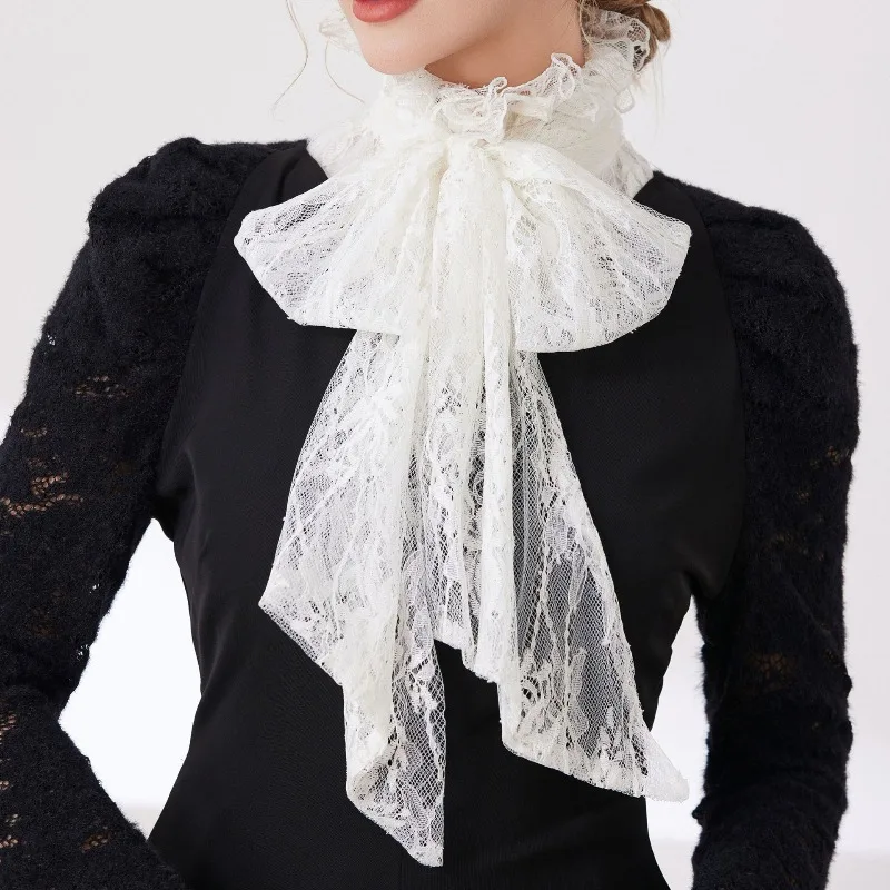Lace Ruffles Stand Shirt Detachable Collar for Womens Bowknots Ties Fake Collar for Sweater Removable Neckwear Decorative