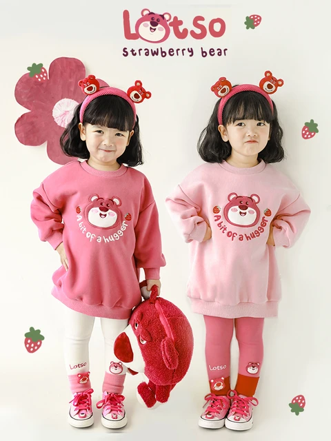 Girls Sweatshirt Mid length Children s Clothing 2022 Winter Baby Strawberry Plus Velvet Top Leggings Suit