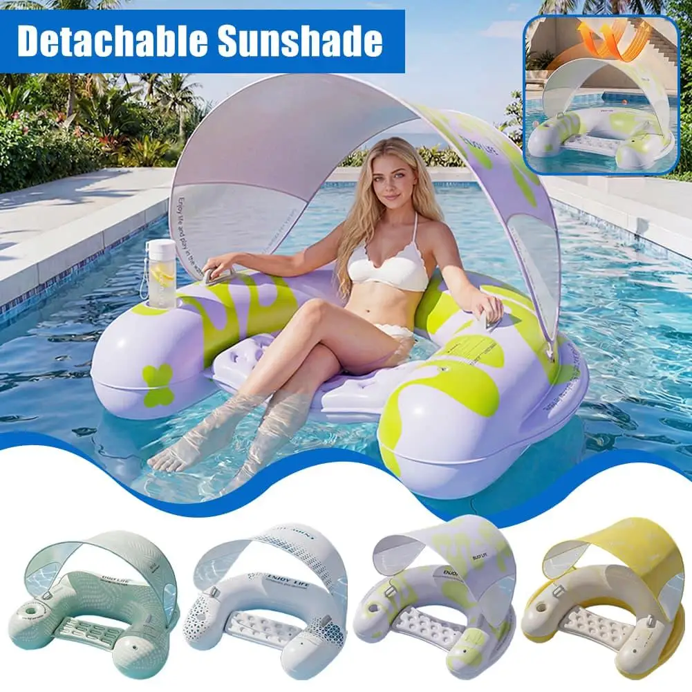 Inflatable Floating Lounger with Detachable Sunshade Pool Float Chair Portable Foldable Recliner for Lake Beach Summer Relax