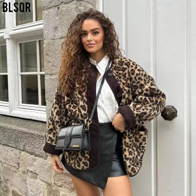 

BWQ 2025 Women's Coat Fashion Vintage Leopard Print Warm Wool Single Breasted Pockets Loose Jackets Woman Chic Streetwear