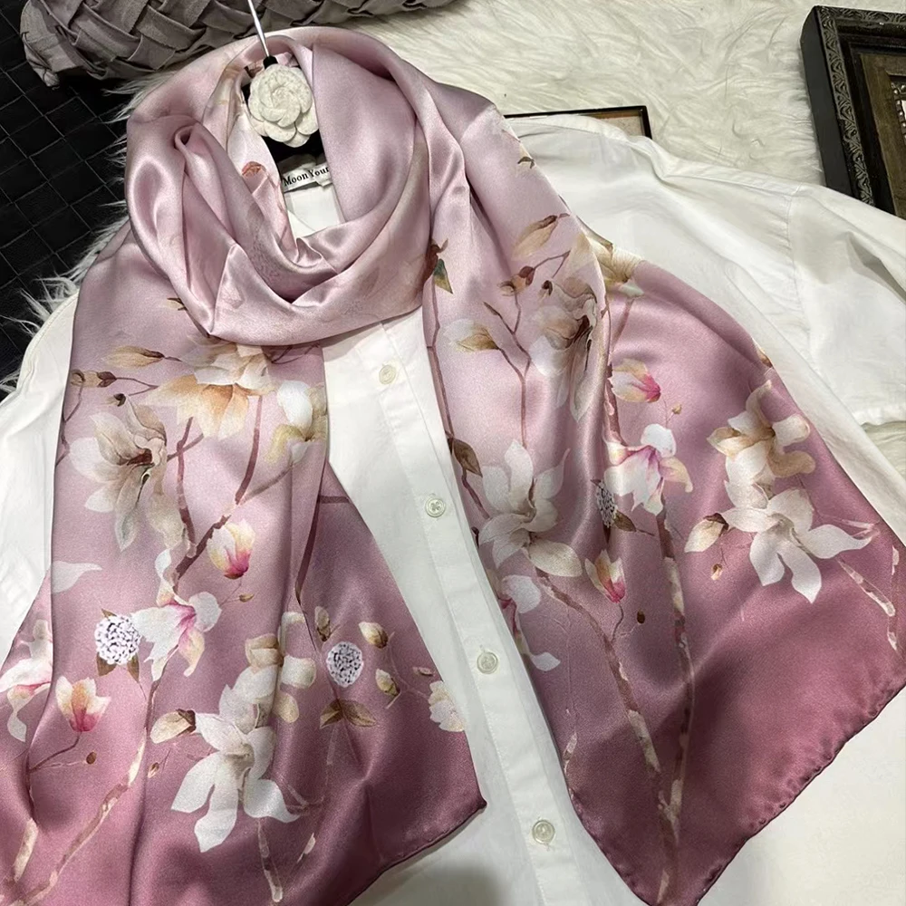 New Elegant Pink 100% Silk Scarf Shawl Printed Bufanda Women Fall Winter Fashion Floral Design Long Scarves Wraps Capes 175*53cm