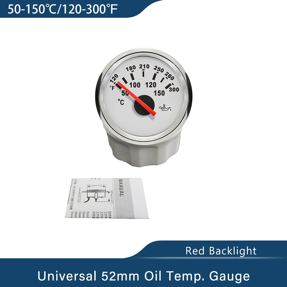 Medidor de calibre impermeável da temperatura do óleo 52mm com luz de fundo vermelha para carro, caminhão, iate, barco, universal, 50-150 ℃, 12V, 24V