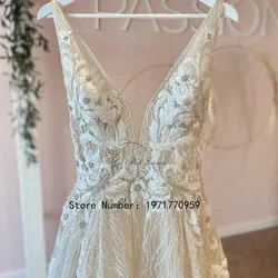 Glitter Champagne Wedding Dresses For Princess Double V Necks Sleeveless Applique Elegant Bridal Gown vestidos de novia 2024 New