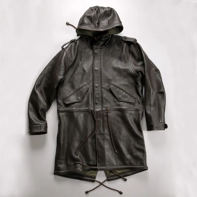 

Mid-length hooded leather trench coat for men loose sporty and casual workwear fishtail