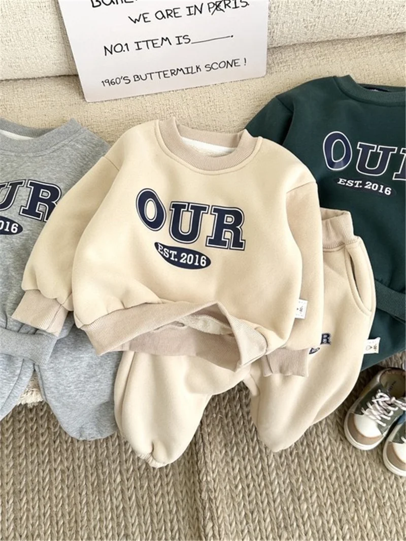 Kinder Fleece-Gefütterte Sets Herbst Jungen Mädchen Dicke Warme Anzüge Baby Sweatshirts+Jogginghosen 2-teilig Winter Kinderkleidung Outfits 2-8 Jahre – Detail 9