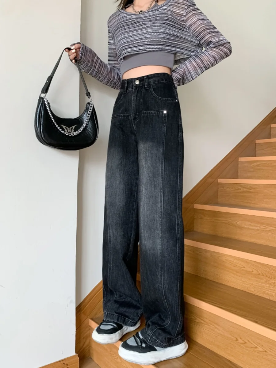 ارتفاع الخصر واسعة الساق الدينيم الجينز المرأة فضفاضة تناسب مستقيم السراويل الطويلة الخريف جديد Sle حجم كبير الكمثرى القرد الجسم التخسيس Bla... #2