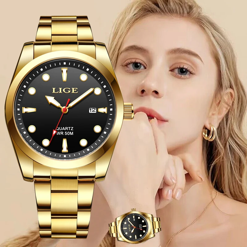 LIGE Ladies Wristwatch Luxury Waterproof Luminous Date Golden Watch For Women Dress Stainless Steel Quartz Women\'s Watches+Box