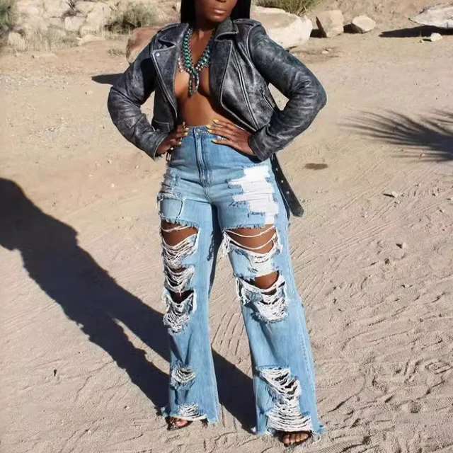 Dżinsy Damskie Długie Spodnie Eleganckie Splice Denim Pant Slim Y2k Sexy Hole High Waist Button Pocket Straight Trousers Summer 2025