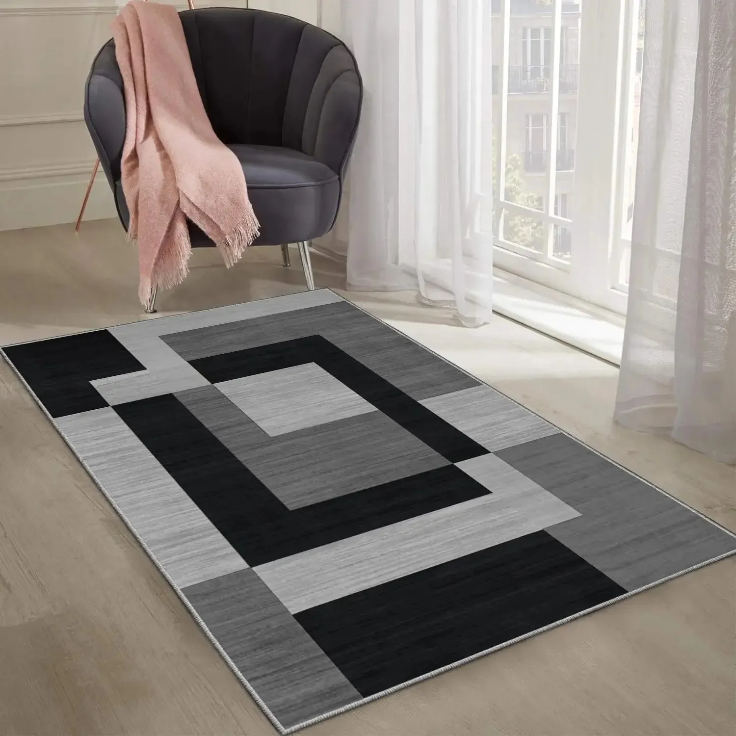 Gray Black Multi-Layer Square Rug Minimalist Non Slip Stain Resistant Soft Floor Mat for Living Room Study Bedroom Home Decor