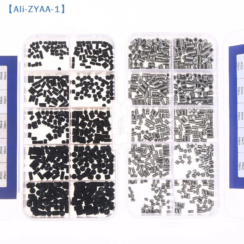 【ZYAA-1】500pcs M2.5 M3 M4 DIN913 304 Stainless Steel Black Hex Hexagon Socket Allen Flat Point Grub Bolt Set Screw Kit Box