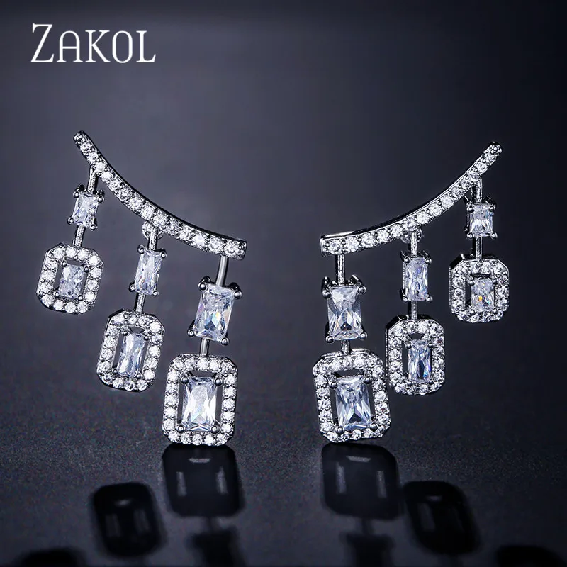 ZAKOL Fashion Sliver Color Tassel Drop Earrings for Women Square Cubic Zircon Girl Party Jewelry