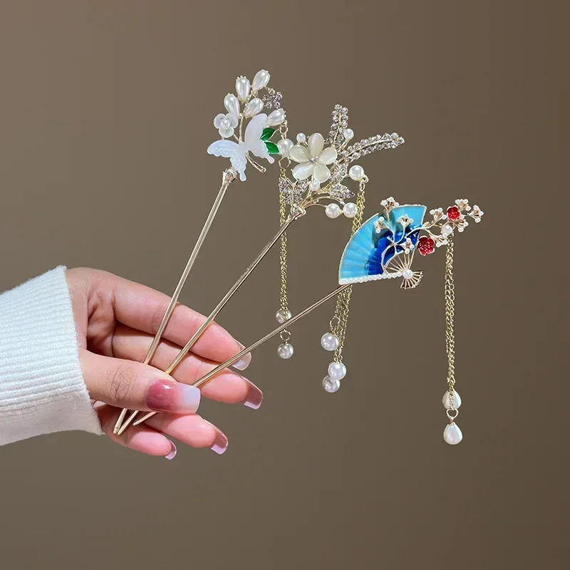 Ancient Style Butterfly Fan Pearl Tassel Hairpin Girlish Temperament Braided Hair Alloy Hanfu Step Shaking Headpiece