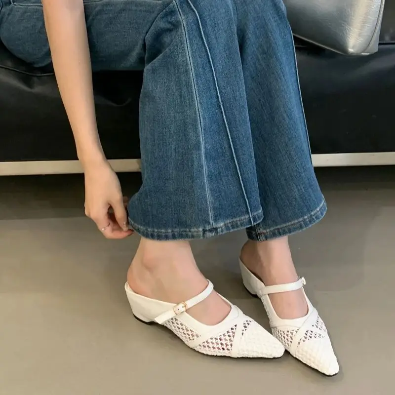 

Белые женские туфли-лодочки на каблуке с острым носком и открытой пяткой, летние туфли на низком каблуке, черные туфли на танкетке, Zapatos De Mujer Elegantes