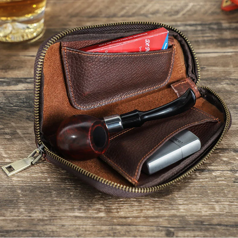 Brown Genuine Cowhide Leather Pipe Organizer Case Retro Tobacco Pipe Tool Storage Bag Scratch-Resistant Suede Lined Pipe Case