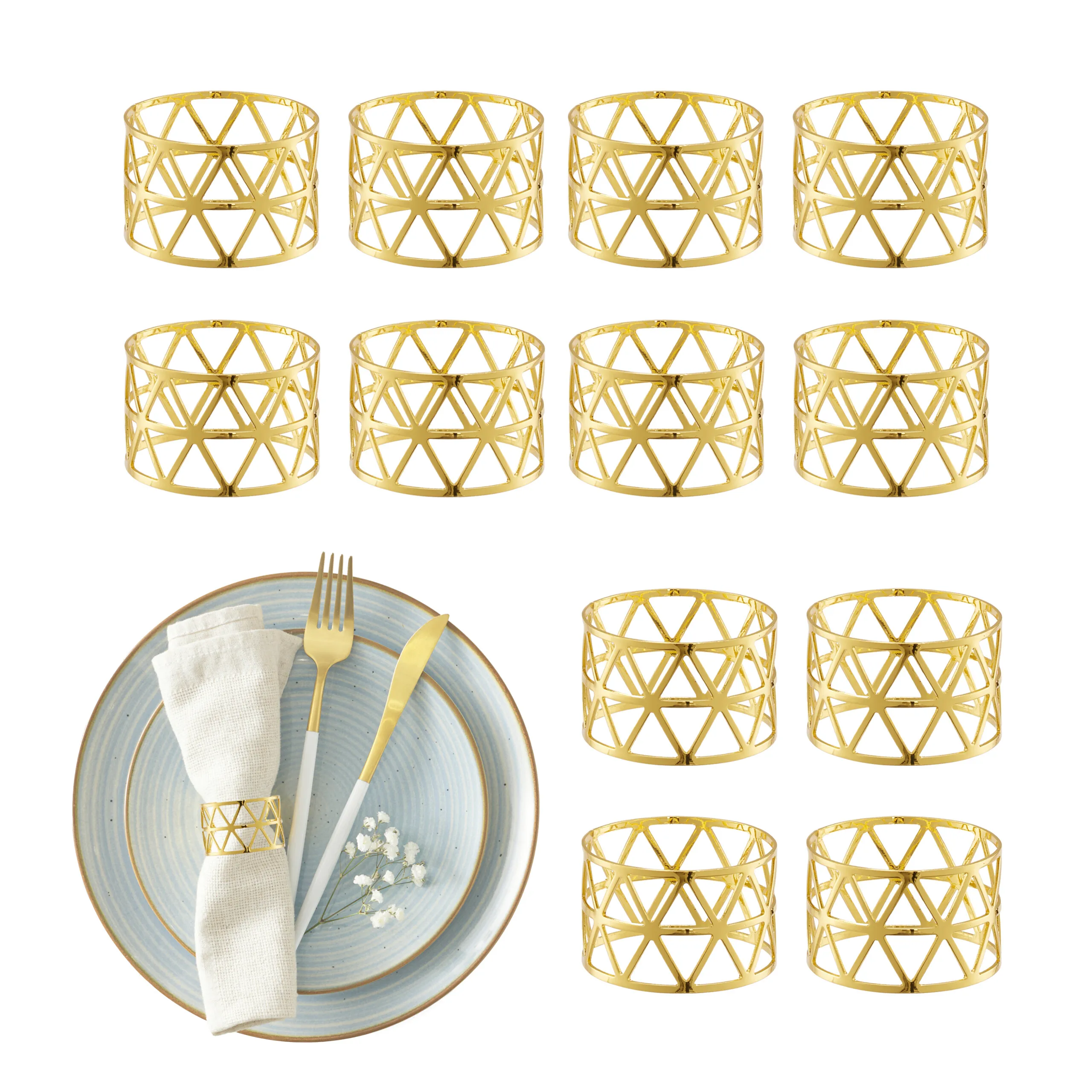 Anelli per tovaglioli, set da 12, design geometrico, per tovaglioli di carta e in tessuto, in ferro, colore oro, 3 x 4,5 cm, portatovaglioli, fermatovaglioli, Relaxdays.