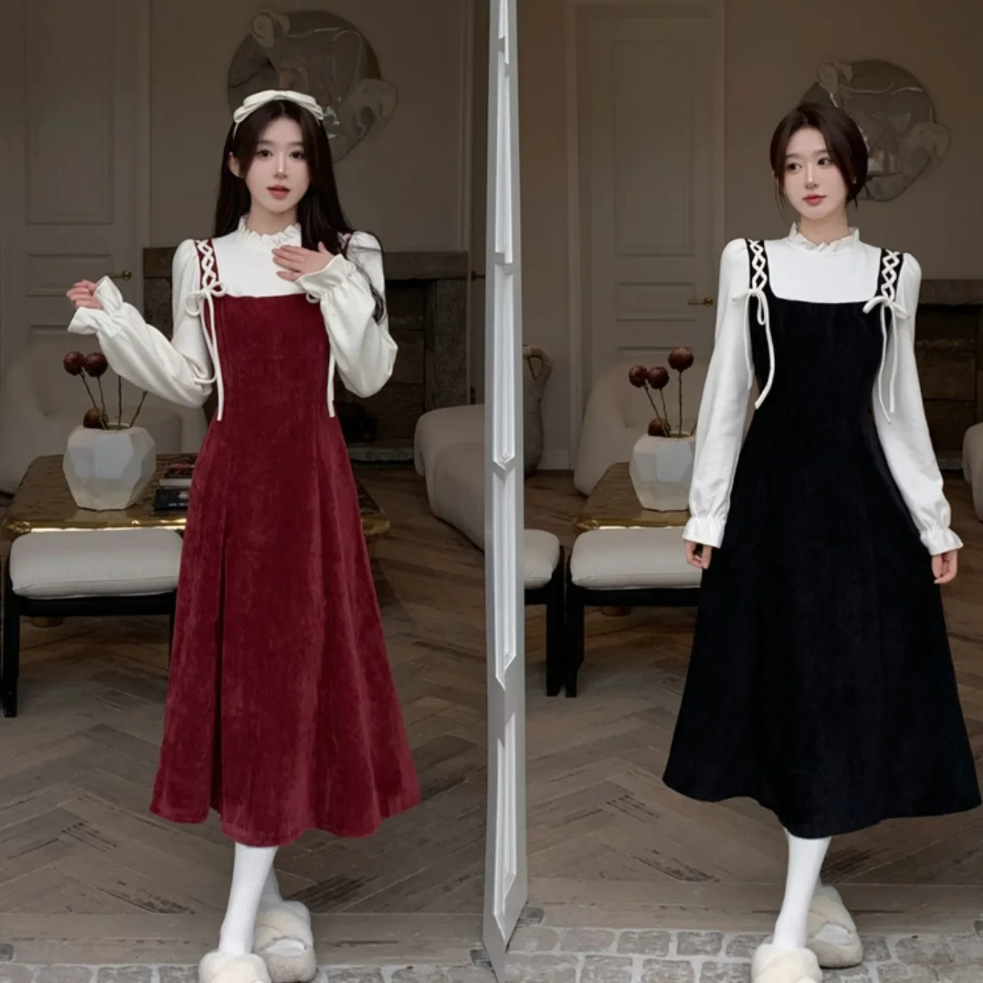 Losse midi-jurk met lange mouwen Nieuwjaar Student-stijl Dopamine Illusie Tweedelige jurk met strikknoop Polyestervezeljurk