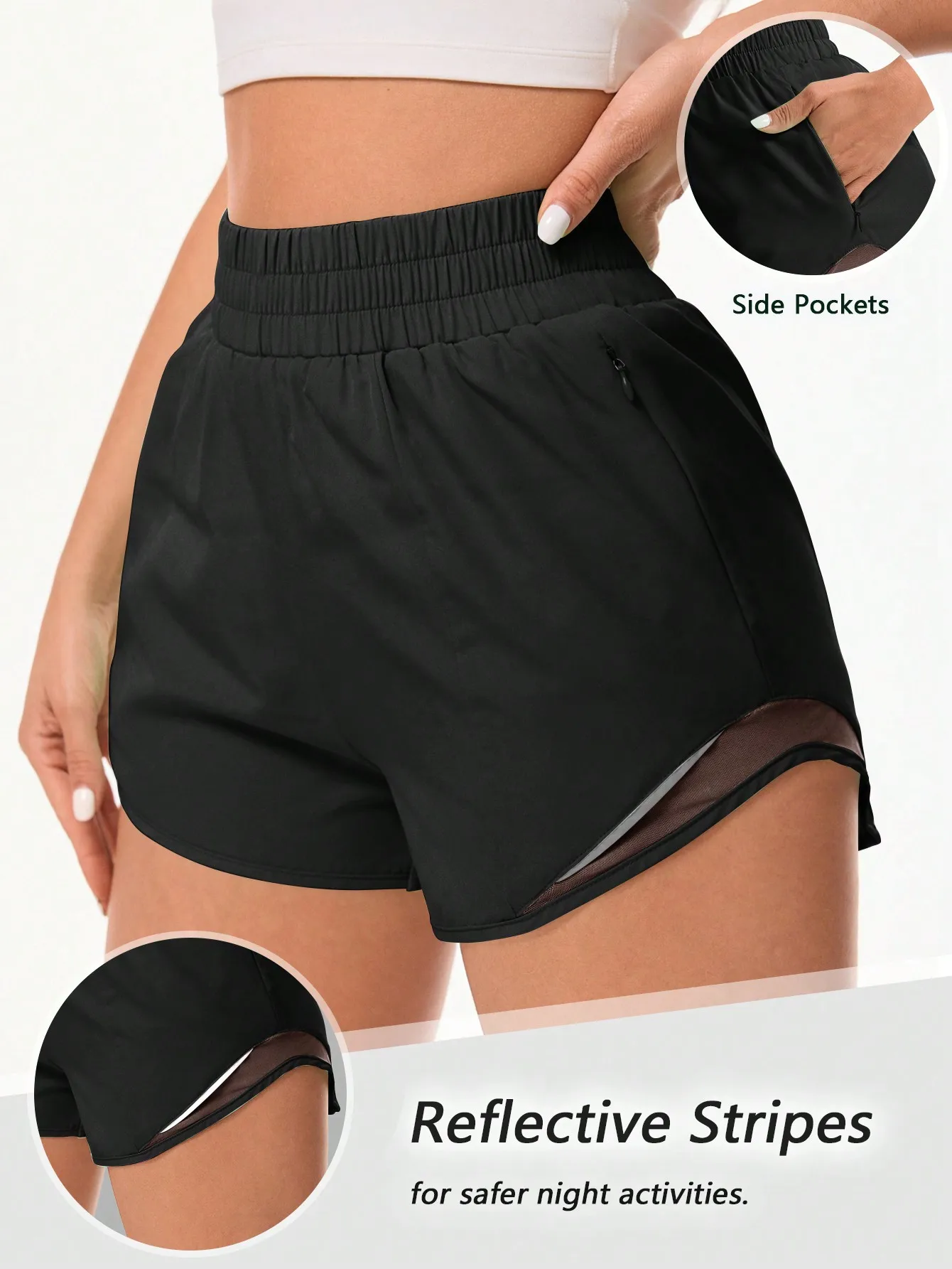 Women High Waist 2 in 1 Running Yoga Shorts Quick‑Dry Built‑in Liner Athletic Shorts With Zipper Pocket & Reflective Stripes
