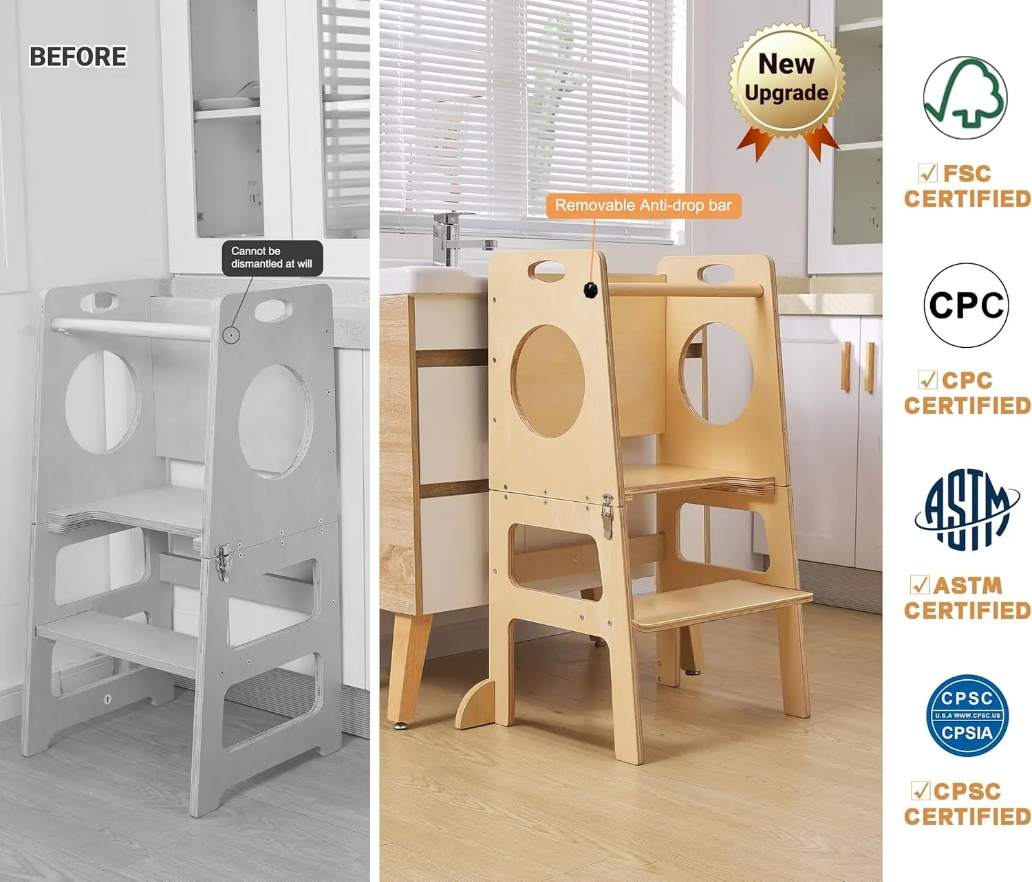 4-in-1 Study Tower with Chalkboard for Learning, Montessori Kitchen Step Stool Toddlers Folding Stool for Kids 1-6years Ideal He