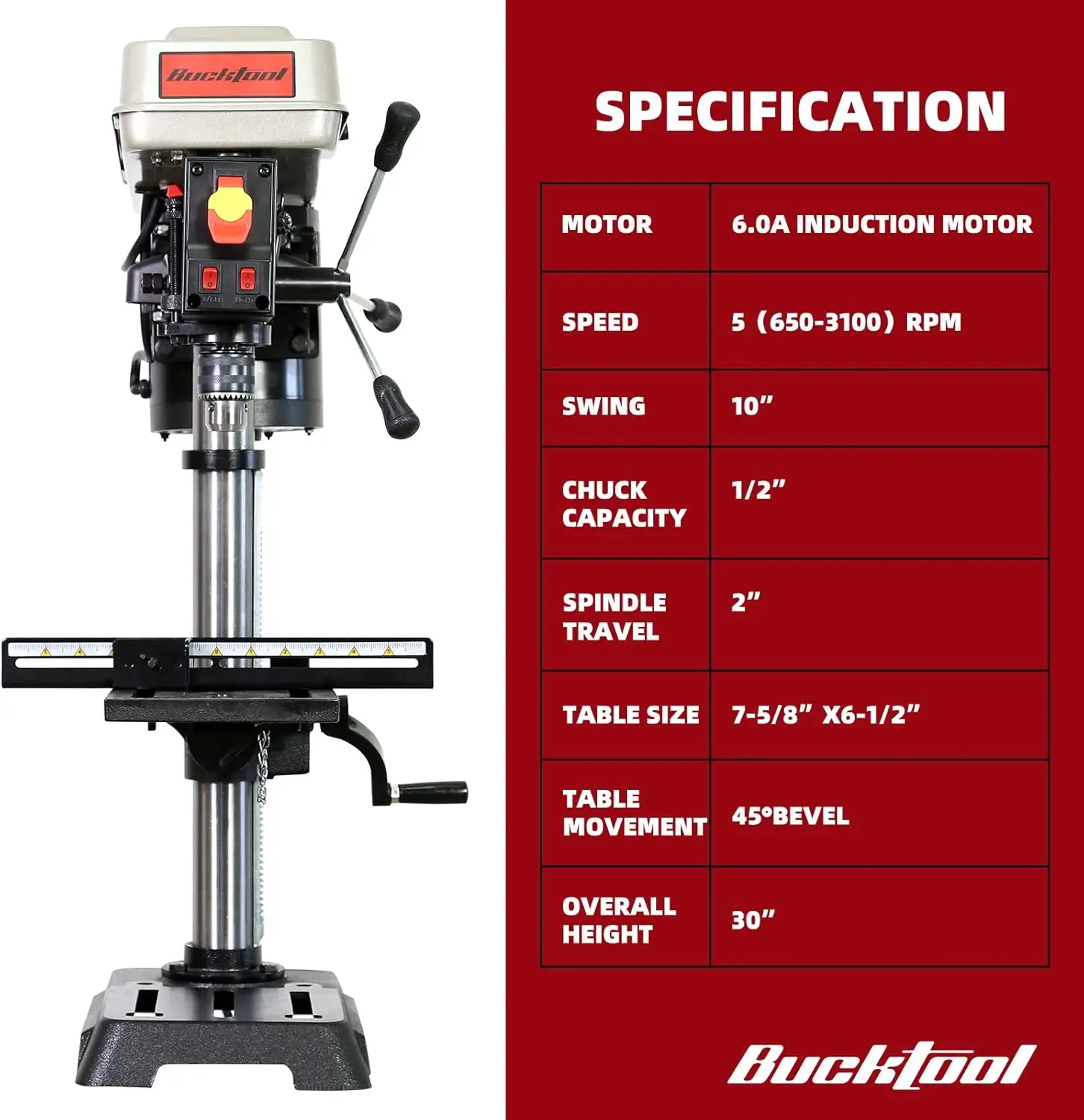 Bor tekan 10 inci 6.0 Amp 3/4 HP, mesin bor Benchtop 5 kecepatan dengan lampu kerja LED