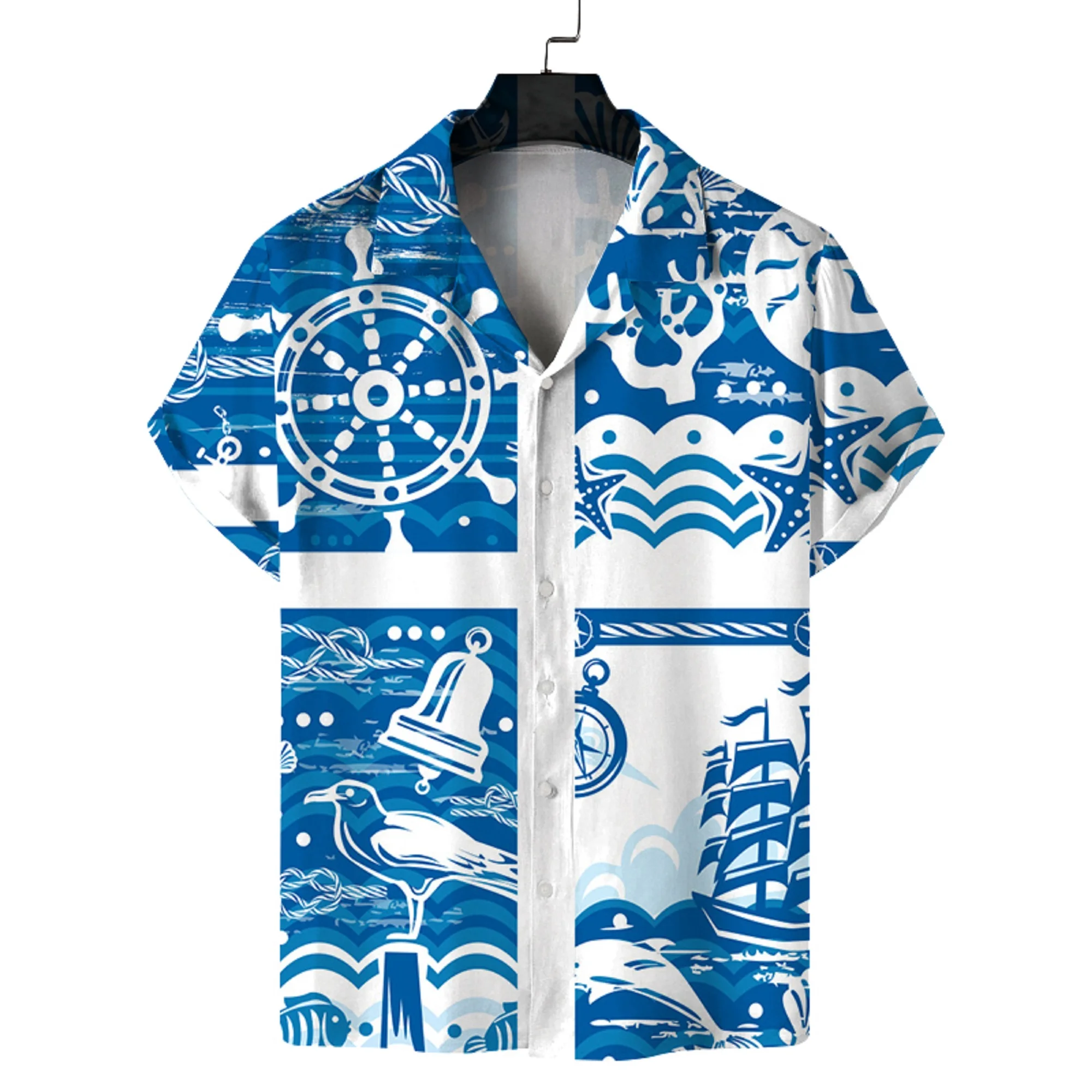 

Мужская летняя рубашка с кубинским воротником и короткими рукавами, темно-синяя рубашка с принтом «Спарусная история», повседневная, удобная и универсальная