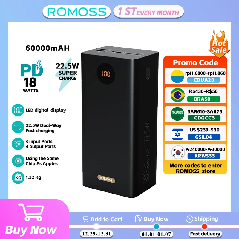 ROMOSS PEA60 Powerful Power Bank 60000mAh With  22.5W Fast Charging Intelligent LED Display External Battery For Smartphone