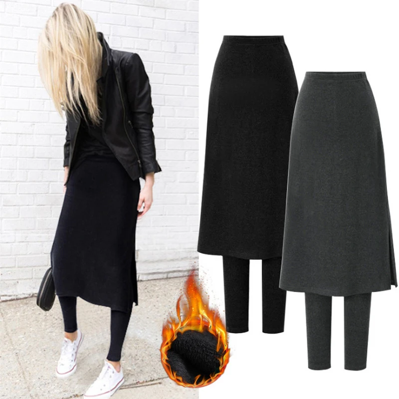 Women's Korean Style Fleece-Lined Fake Two-Piece Skort Leggings High-Waisted Slim Ankle Pants for Autumn & Winter Outer Wear