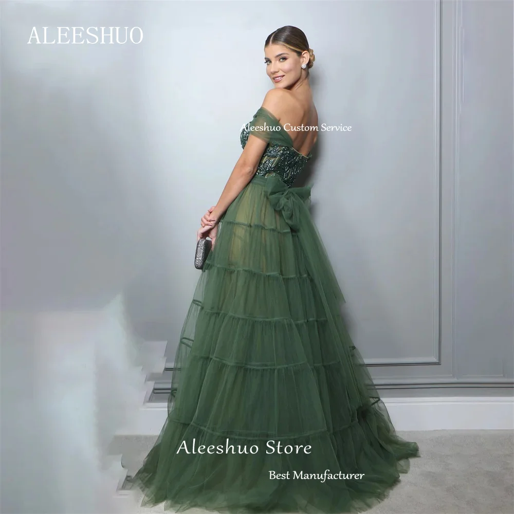 Aleeshuo Dark Green Tulle Prom Gowns Elegant Shiny Off Shoulder Sweetheart Lace Tiered Long Formal Occasion Evening Party Dress