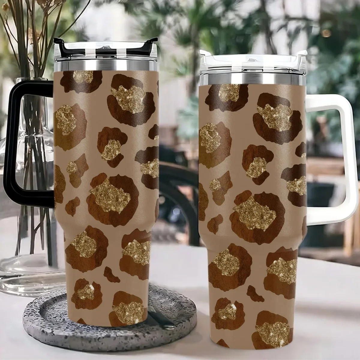 40oz Insulated Tumbler with Handle, Glitter Gold Leopard Print, Black & White In Stock, Other Colors Randomly Ship Black or White