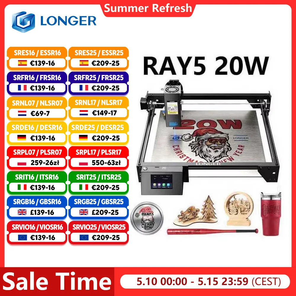 LONGER RAY5 20W graveur Laser écran tactile 32 bits jeu de puces WIFI 0.08*0.1mm Laser gravure par points Machine de découpe zone 375*375mm