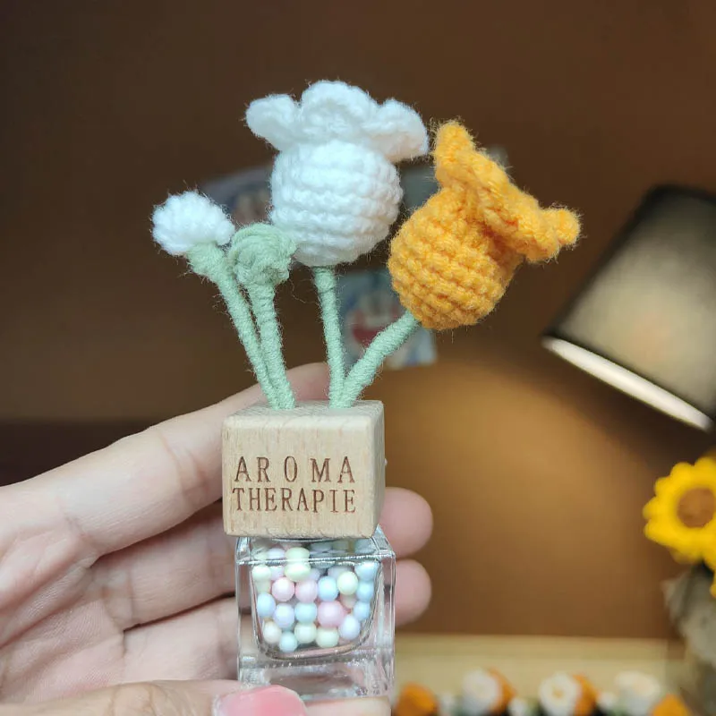 Hand-Knitted Perfume Bottle Flowers Potted Artificial Plants Bonsai Funny Gifts For Bedroom Home Table Decorations Car Ornaments