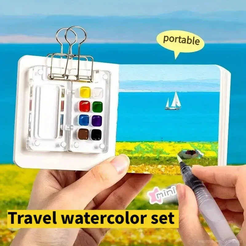 Mini-Aquarellfarben-Set aus klarem Acryl – 8-fach Palette mit 12 Farben, 6 Pinseln, Clips und Aquarellpapier-Notizbuch – Detail 6