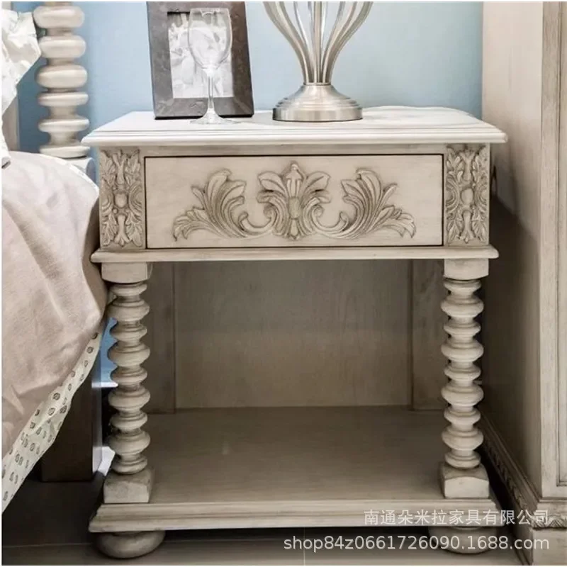 for American Rural Solid Wood Oak White Engraved Retro Old Bedside Table High End Light Luxury Shelf