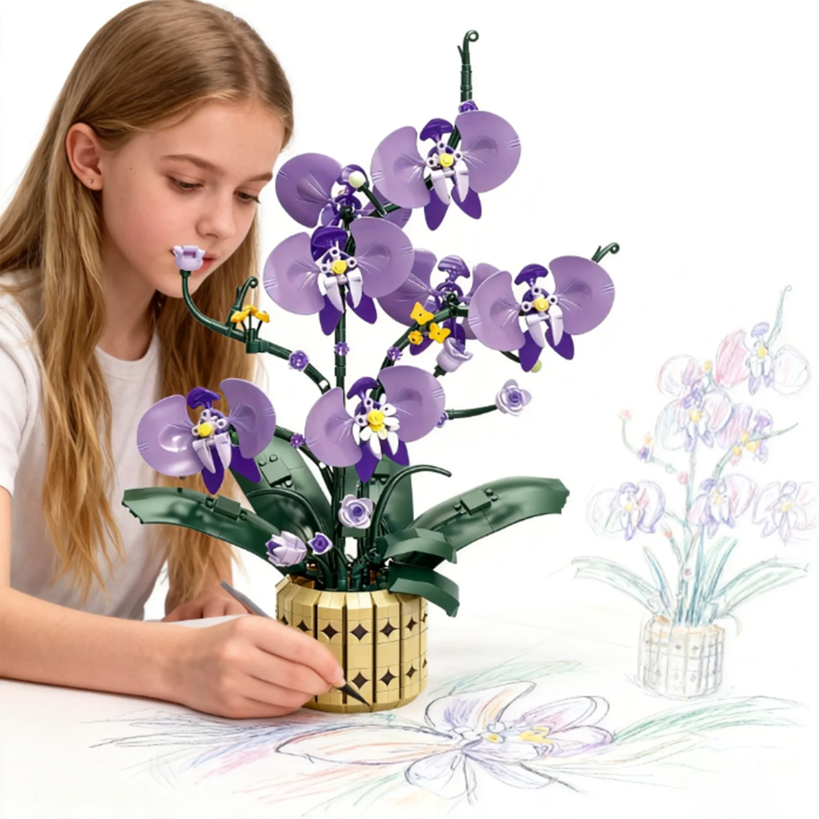 

832PCS Moth Orchids Building Blocks Potted Plants Flower Bouquet Elegant Purple Phalaenopsis Orchid Home Decor Girls Toys Gifts