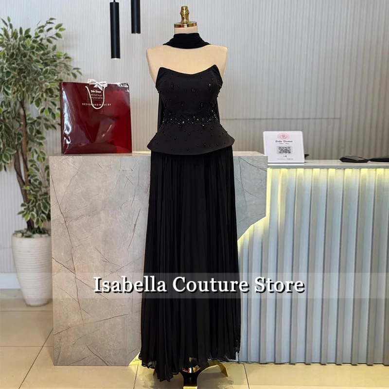 2ピースイブニングドレスアラビアンパーティードレスカスタマイズされたストラップレスノースリーブクリスタルパールプリーツプロムドレスケープ付き