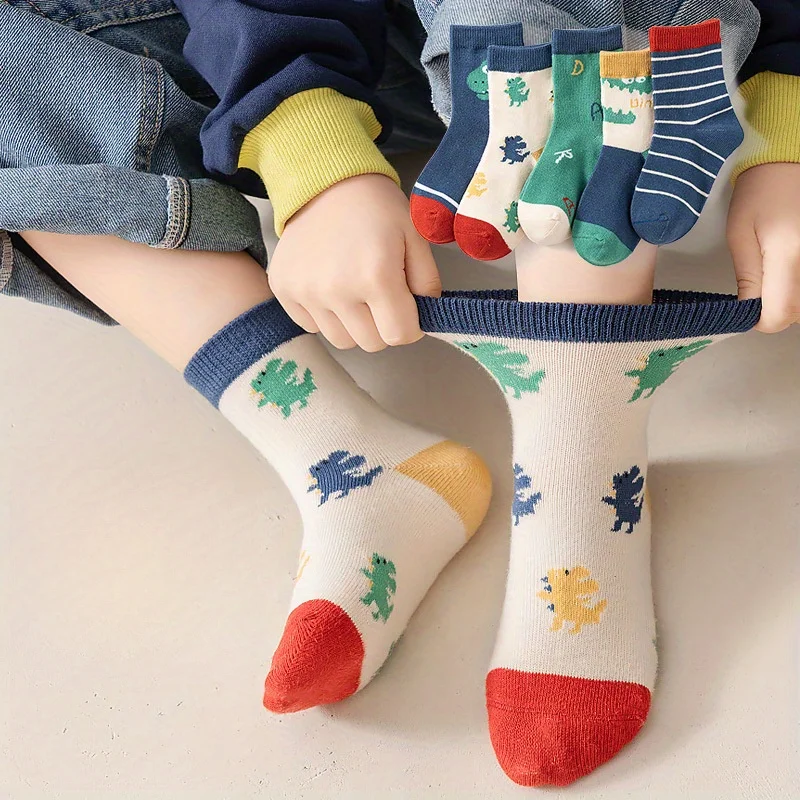 5 Pairs Kids Dinosaur Crew Socks,Cartoon Dino Print Cotton Socks Soft Breathable Children Mid‑calf Socks