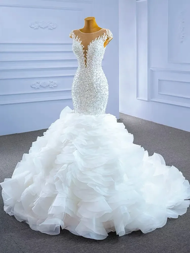 Robe de Mariée Sirène en Dentelle Perlée, Luxueuse Tenue à Volants en Organza, avec Perles, pour les Patients de la Mariée Arabe de Dubaï, 2024