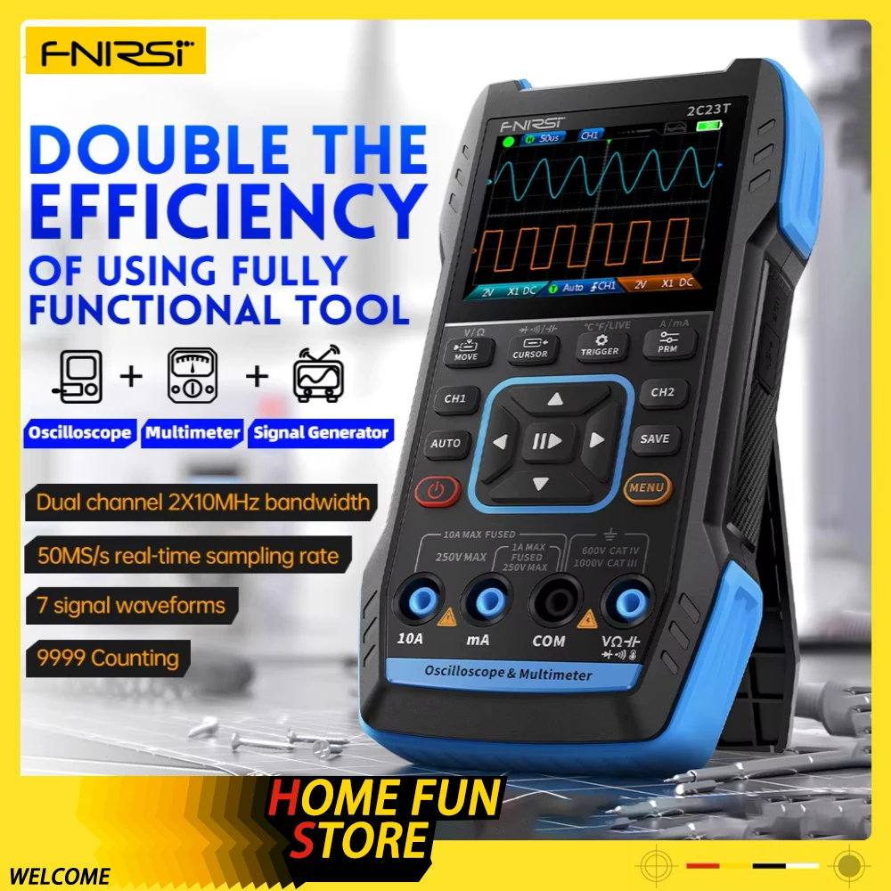 Fnirsi 2C23T 3 In 1 Multimeter Digital Oscilloscope Function Signal Generator 9999counts AC DC Voltage 50ms/S 10MHZ Dual Channel