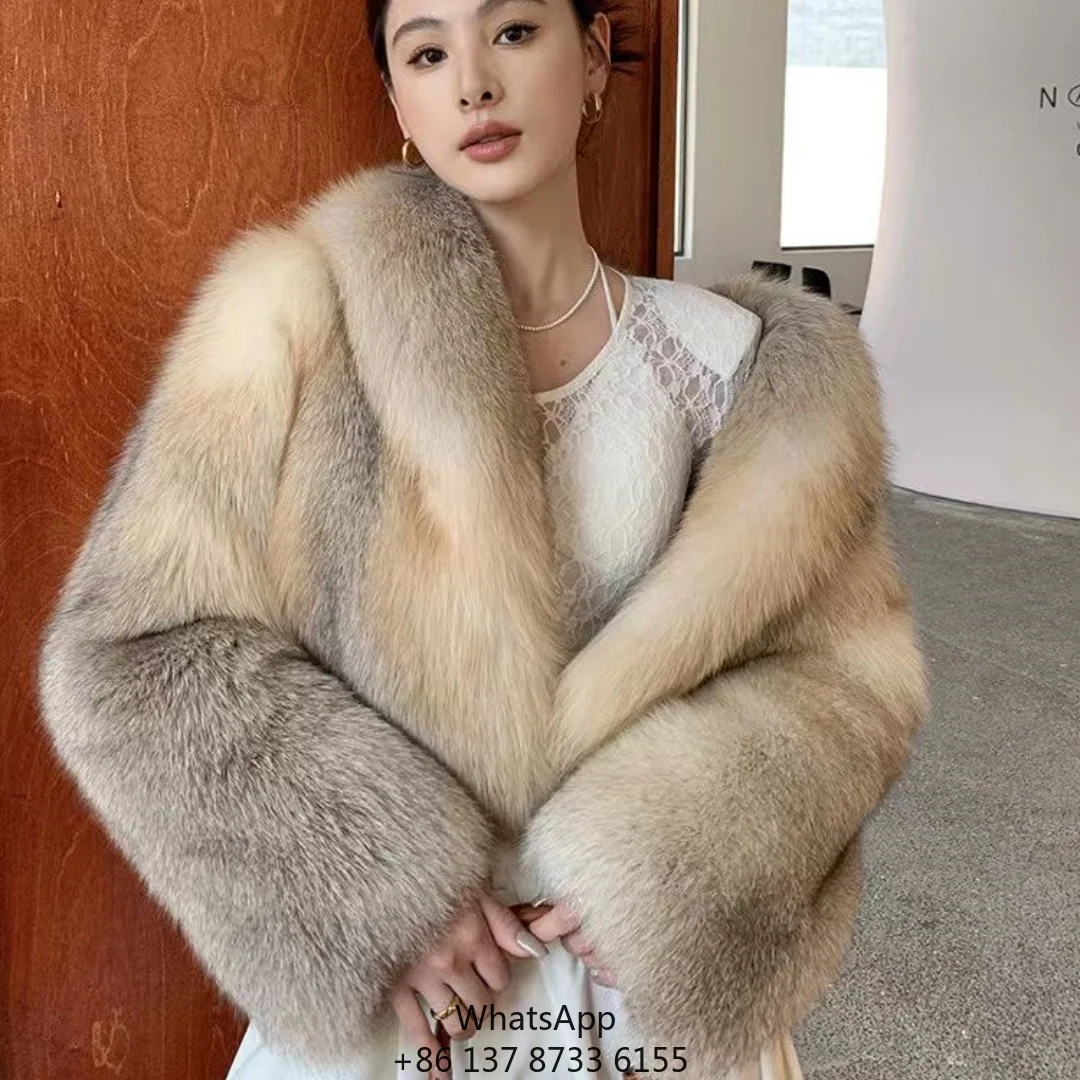 

Winter Fashion High End Whole Fur Short Shawl Collar Sapphire Golden Fox Fur Coat For Women