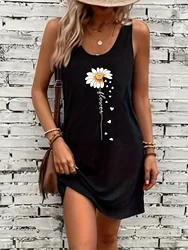 Summer black sexy dress Women's  Sunflower Print Casual Slim Fit Sleeveless Round Neck T-shirt Mini Dress
