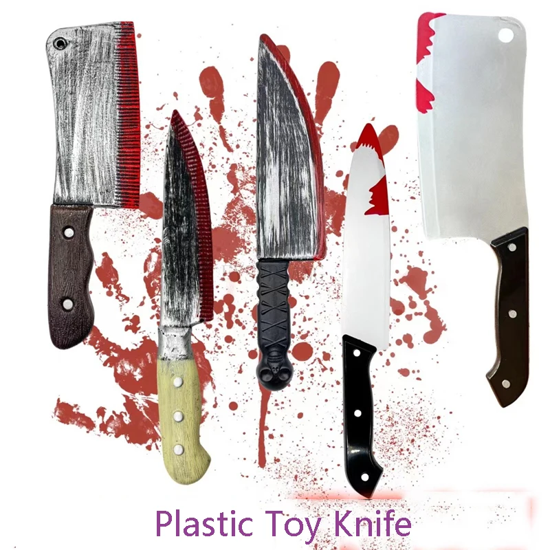 2pcs Halloween Bloody Sharp Knife Fruit Knife Plastic Toy Simulation Bloody Kitchen Knife Tricky Dance Performance Movie Props