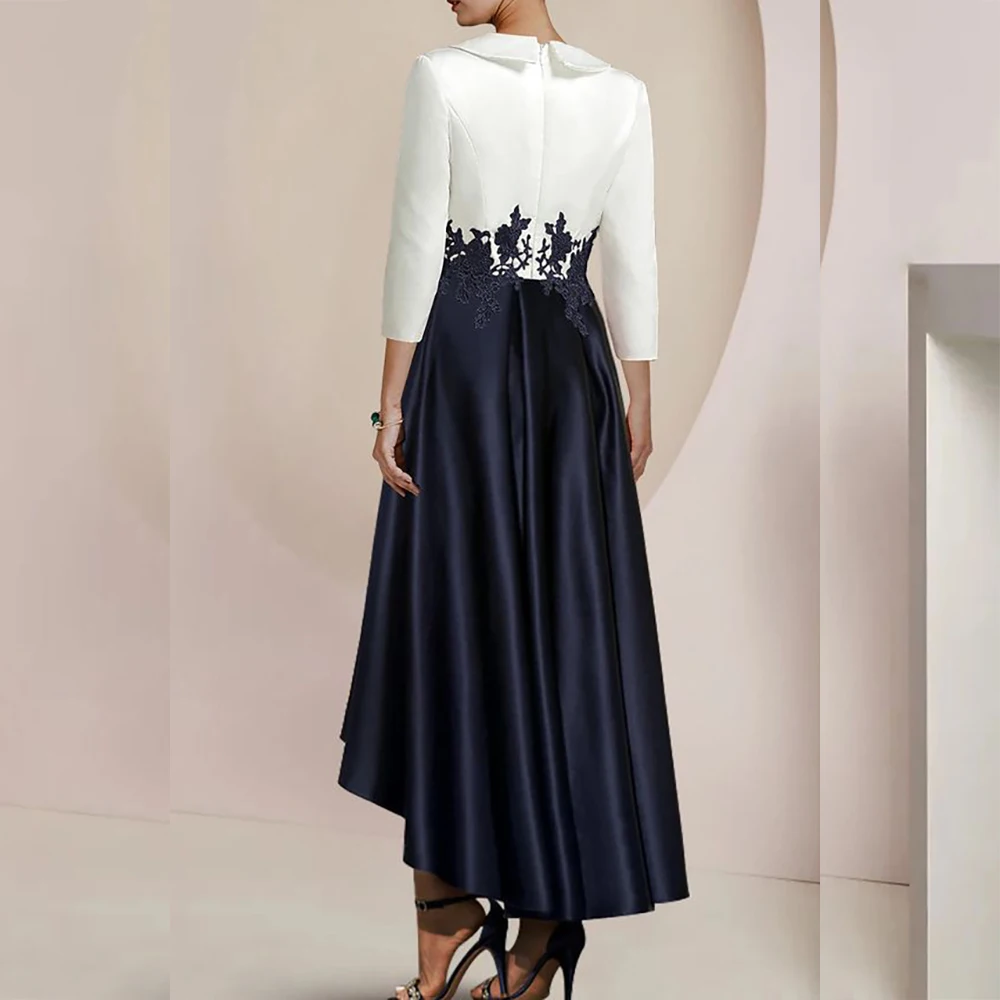 Abito da ballo bianco e blu navy Mezza manica Abiti da sera con scollo a V alto/basso Appliques Abiti drappeggiati per occasioni speciali Abiti 2025