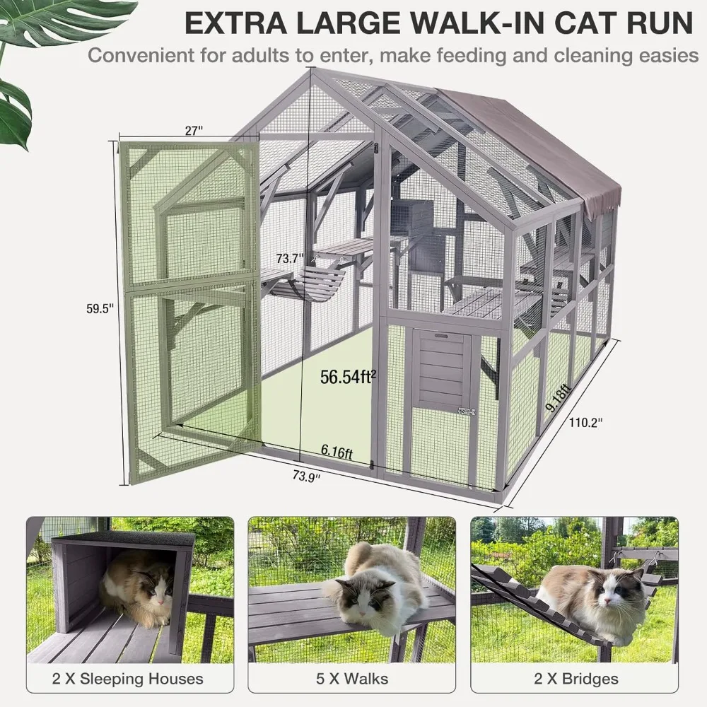 Large Outdoor Cat Enclosures Wooden Cat House with Sleeping Houses, Bridges, Walks, UV Proof Cover,110