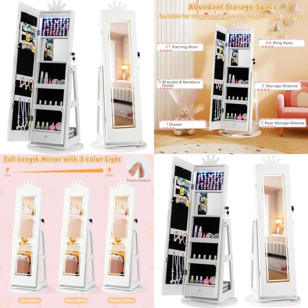 

Белый поворотный шкаф для ювелирных изделий со светодиодной подсветкой, вращающееся зеркало в полный рост, запираемое хранилище для маленьких девочек