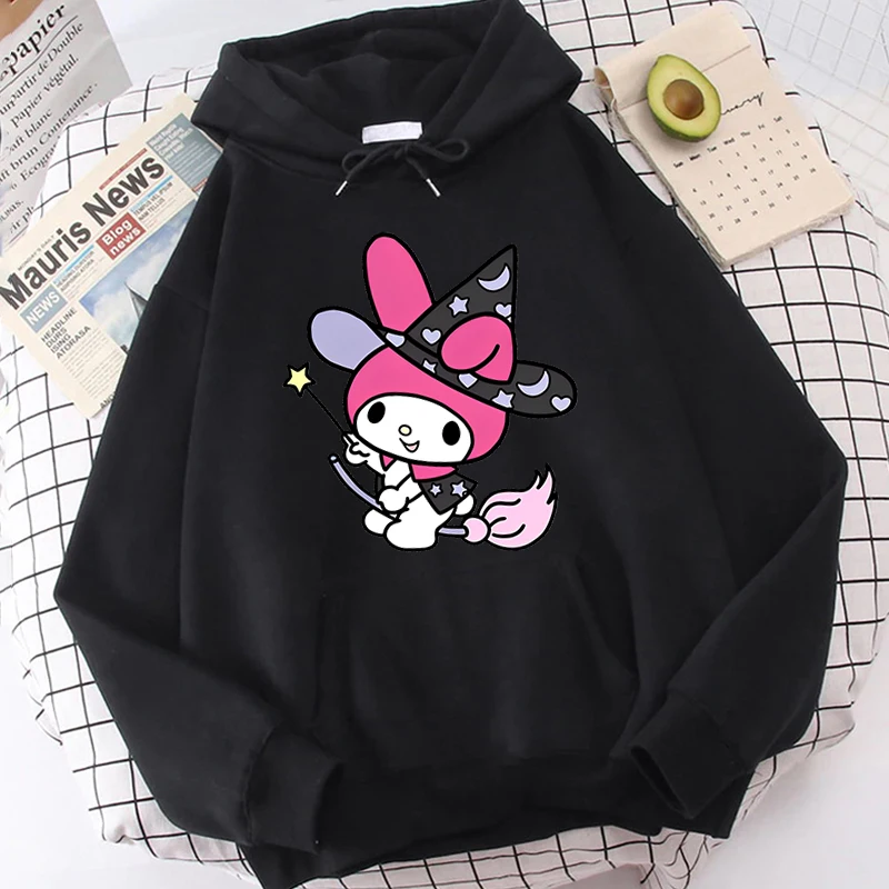 My Melody Printed Women's Autumn and Winter Hoodie Plus Fleece Sweater Black Loose Top