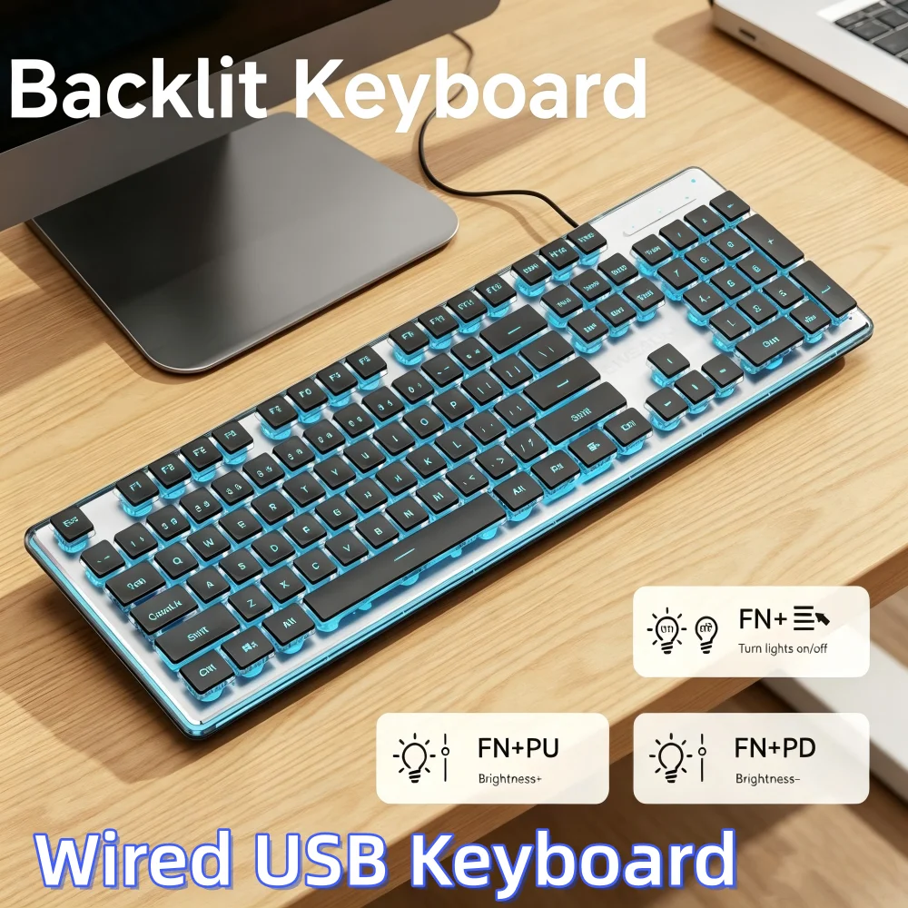 EWEADN GX710S Backlit Computer Keyboards Wired USB Keyboard  Metal Panel Plug and Play Pudding Keycaps Full Size Quiet  Keyboard