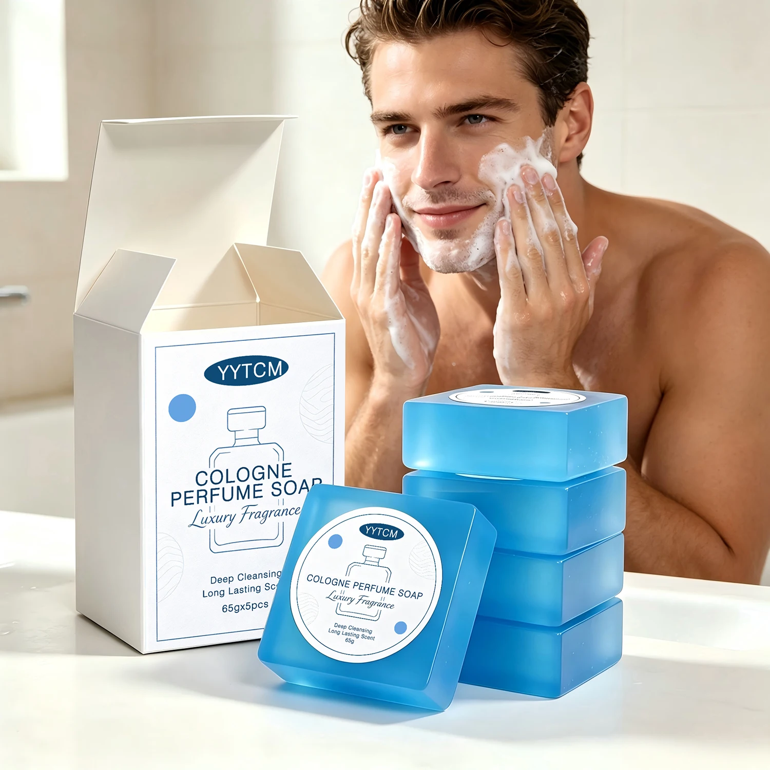 Classic Men's Cologne Soap in Bulk, Refreshing Bath and Face Soap with Long-Lasting Fragrance for Home and Travel, 65g X 5 Pack