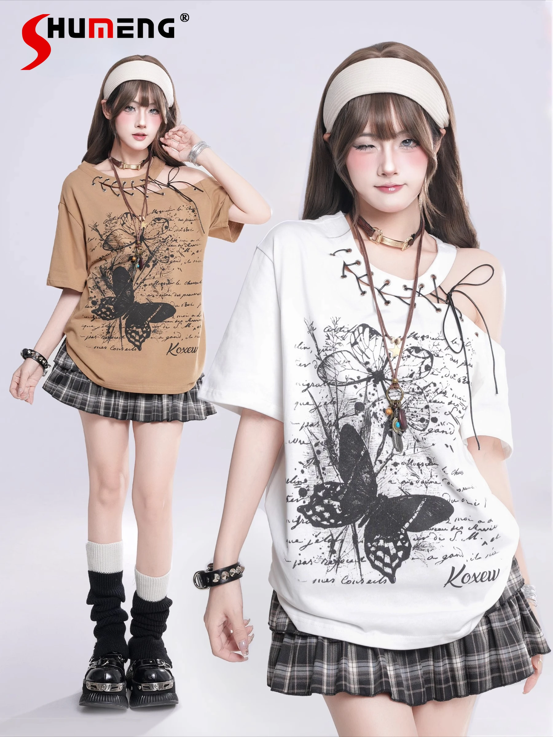 

Highstreet Subculture Sweet Cool Y2k Tops Butterfly Graffiti Off Shoulder Short Sleeve Loose Casual Versatile T-shirt Tees Women